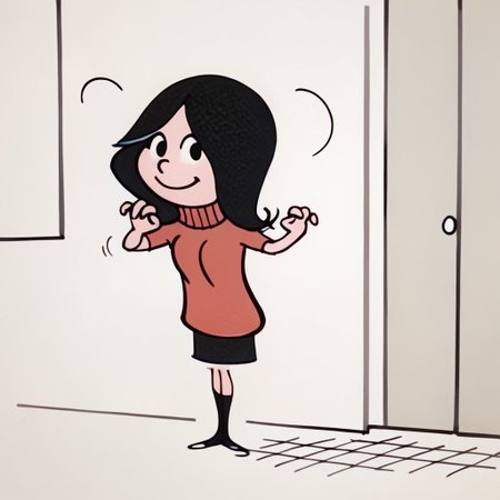 score_9, score_8_up, score_7_up BREAK Calcetinera, 1girl, black hair, black eyes, red turtleneck sweater, black skirt, black socks, flat white shoes, cute pose, cartoon, source_cartoon, solo, solo focus, happy,
