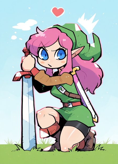 <lora:rariatooILLUS:1> rariatoo,
(masterpiece), (best quality), (ultra-detailed), amazing quality, very aesthetic, illustration, perfect composition, intricate details, absurdres, incredibly absurdres, shiny skin, realistic,
dynamic pose, perspective, rariatoo, weapon, green headwear, link, sword, pointy ears, genderswap (mtf), green tunic, on one knee, pink hair, blue eyes, boots, long hair, 1girl, looking at viewer, belt, hat, bike shorts, brown footwear, closed mouth, full body, long sleeves, grass, holding, planted, sidelocks, heart, blush stickers