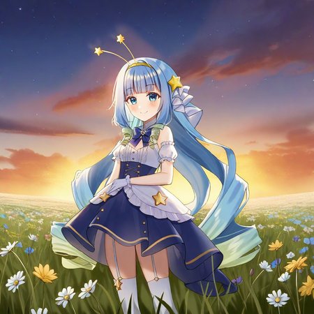 1girl, jelly hoshiumi, 1girl, solo, blush, smile, blue eyes, very long hair, blue hair, small breasts, drill hair, blunt bangs, green hair, star (symbol), gradient hair, antennae with star shapes on the ends, yellow bow, star hair ornament, yellow hairband, hair ornament, 2D anime, fantasy, sunny, day, (on a hill overlooking a field of flowers), looking up, slight smile, full body <lora:Jelly_Hoshiumi_XL:1>