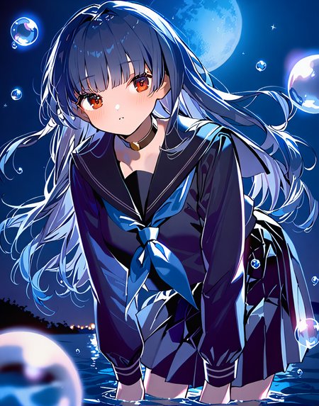 <lora:potgXLlokr4f:0.7>,masterpiece,best quality,Cinematic Lighting,
1girl,long hair,solo,moon,blue hair,water,bubble,night,film lighting,long_sleeves,long hair,school uniform,looking at viewer,bangs,choker,black serafuku,sailor collar,long sleeves,black skirt,blush,red eyes,black choker,blunt bangs,neckerchief,<lora:zeroA:0.8>,<lora:sd_xl_dpo_turbo_lora_v1-128dim:1>,<lora:sd_xl_dpo_lora_v1:1>,leaning_forward,bow the body,