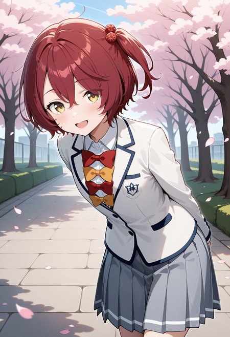 aakomari, short hair, red hair, one side up, hair bobbles, school uniform, red bow, yellow bow, collared shirt, blazer, white jacket, long sleeves, pleated skirt, grey skirt, <lora:komari_chika_ilxl_v1:0.9>, solo, arms behind back, leaning forward, standing, outdoors, open mouth, cherry blossoms, smile, outdoors,
ultra-detailed, masterpiece, newest, best quality