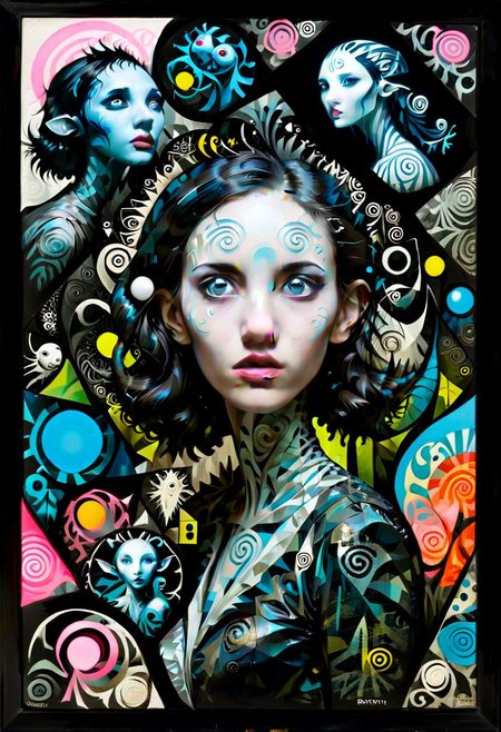 style of barry Mc gee.
Pans Labyrinth style creatures everywhere, with abstract, woman, art style, bioluminescent,girl face, modified with  a mega creatures, gazing away, Apterus, Barry McGee, Frank Auerbach, neon silhouette contrast xarta
x-ray, deconstructed, abstract, surreal, mixed media, collage, outsider-art, avant-garde, punk style
• paintings, polygon, flat , bold color blocks and black lines