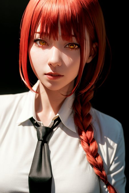 masterpiece, (photorealistic:1.4), best quality, beautiful lighting,

(ulzzang-6500:0.4), makima \(chainsaw man\), (red hair)+(long braided hair)+(bangs), yellow eyes, golden eyes, (ringed eyes), (white shirt), (necktie),

RAW photo, 8k uhd, film grain <lora:makimaChainsawMan_offset:1>