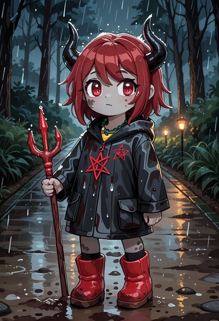 score_9, score_8_up, score_7_up, BREAK
highres, highly detailed, high resolution, high quality, 
source_anime, anime screencap, saturation, vivid colors, 
1girl, solo, luce, full body, standing, demon girl,
(dark red hair:1.2), (big dark red eyes:1.1), medium hair, cute, (grey skin:1.1), (horns:1.2), 
(long black raincoat:1.1), dirty black rubber boots, 
pentagram necklace, holding red trident, 
cute, bokeh,
blurry background, forest background, path, rain, 
stkyswt
