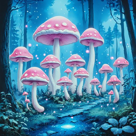 <lora:60sPsychedelicMovie2SDXL:1> ArsMovieStill, movie still from a 60s psychedelic movie, The image is a digital illustration of a group of pink mushrooms in a forest. The mushrooms are arranged in a cluster with the largest mushroom in the center and smaller ones scattered around it. The background is filled with trees and shrubs and the sky is a deep blue with small white dots scattered throughout. The overall mood of the image is peaceful and serene with a sense of mystery and wonder. The colors are soft and dreamy giving the impression of a magical and ethereal atmosphere., mushroom, nature, no humans, scenery, forest, tree, outdoors, light particles, grass, fireflies