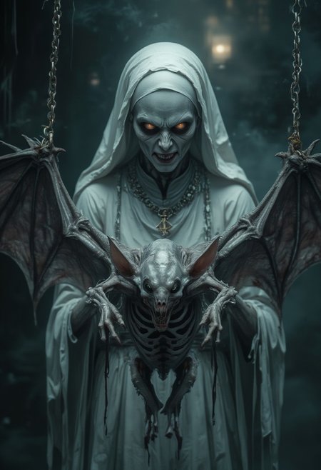 horror show, monster, nightmare, fear, 
Highly detailed, digital artwork of a macabre, surreal scene: a pale, expressionless nun with stark white habit, dark hollow eyes, and sharp teeth, wearing a chain with a crucifix pendant. Her face is covered in thick white makeup, giving a ghostly, skeletal appearance. A small, bat-like creature with humanoid face and wings is suspended before her, with wide eyes and sharp teeth, pale grayish skin, and visible ribs and joints. Dark, smoky background with faint, glowing light source, emphasizing the eerie atmosphere.