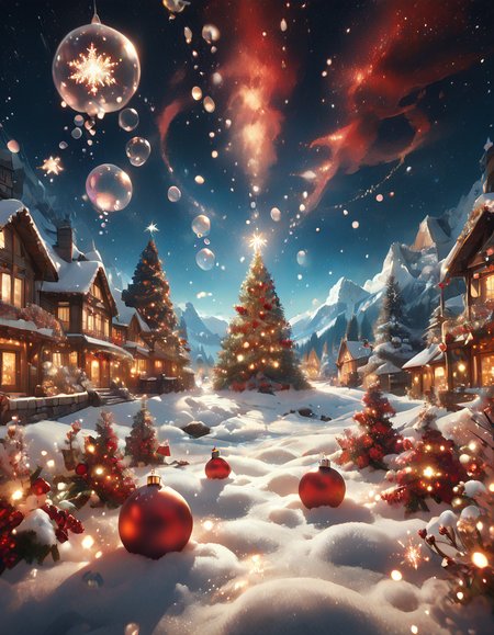 score_9, score_8_up, score_8_up, magicalchristmas, cute, (bubbles:1.2), (sparkles:1.2), floating bubbles, perfect composition, high detail, best quality, highly detailed, award-winning, professional, zPDXL3, outdoors, (snow:1), (stars:1), (snowflakes:1), (snowglobe:1.3), (dark theme, night:1.4), christmas lights, 