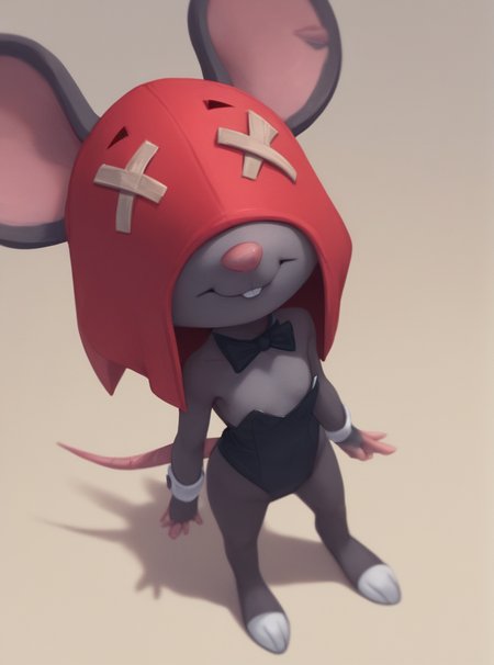 Score_9, Score_8_up, Score_7_up ,   <lora:bsmoe:1>,bsmoe ,mouse girl , furry female , red hood ,no visible eyes , playboy bunny,  flat chest , no nipples   smile , standing  ,tiny person , from above,