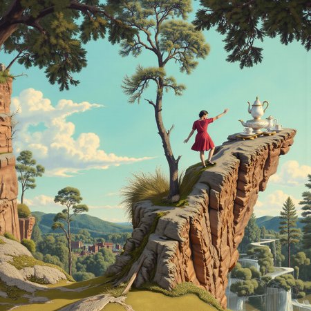 The image is an intricate Surrealist painting of a people climbing a cliff in a pine forest. In the background there is  a decrepit china set. The overall style of the painting is elegant fine art with elaborate details. <lora:Paper_Marbling_Flux:0.8> <lora:BlackColor:0.8>