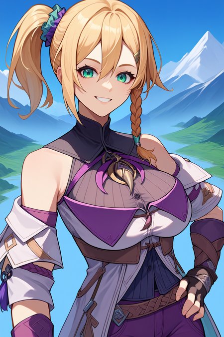 score_9, score_8_up, score_7_up, score_6_up, source_anime, 1girl, solo <lora:yskarja-pdxl-nvwls-v1-000005:1> ysKarja, blonde hair, green eyes, single braid, scrunchie, side ponytail, white coat, turtleneck, brooch, detached sleeves, purple pants, fingerless gloves, hand on hip, smile, upper body, mountains, looking at you, blue sky, big breasts