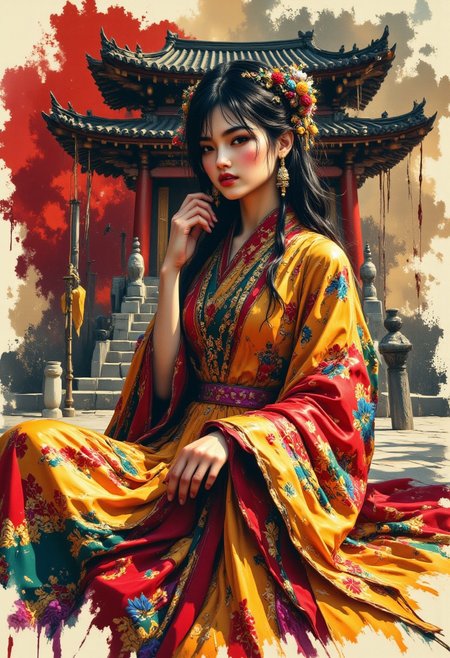 R3alisticF, midjourney_whisper_avant_couture, inksketch, inksplash portrait of stunning oriental princess stting outside shinto shrine, long hair, sidelocks, bangs, hair ribbon,  earrings, necklace, choker, red and gold cheongsam, direct gaze, light hitting one side of face, gradient colour background, Japanese kanji