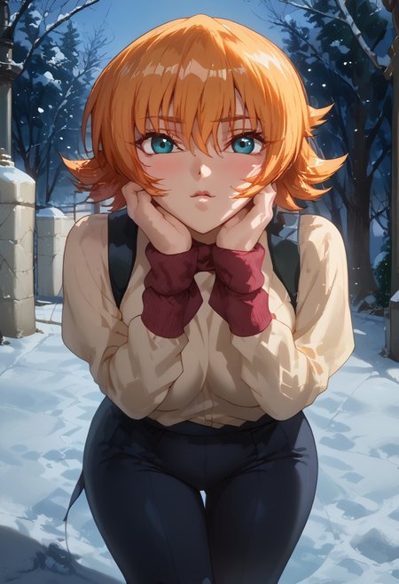 score_9, score_8_up, score_7_up, score_6_up, score_5_up, score_4_up, masterpiece, perfect face, perfect eyes, 4ng3l face, beutiful girl, 1girl, looking at viewer, shy expression, large parka, tasasgi, igawa sakura, orange hair, blue eyes,
Walking in snowy park,