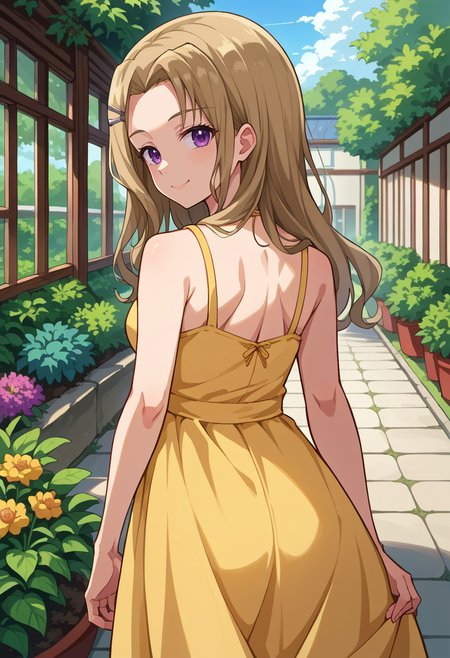 score_9, score_8_up, source_anime, 1girl, solo, TakashimaYakumo, light brown hair, purple eyes, long hair, hairclip, from behind, yellow sundress, garden, day, sunshine, smile, looking back, <lora:ChamTakashimaYakumoPonyXL:1>