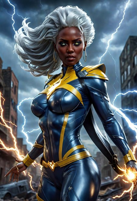 UltUltra detailed digital art masterpiece, Hyperdetailed, hyperrealism, extremely high resolution of Beautiful black Superheroine Ororo Munroe as Storm, Greg Rutkowski style, stands in a bloody, sinister battle in the streets of a ruined city, Realistic black eyes, wavy grey hair, Intricately designed blue and yellow X-Men Superheroine combat costume with X logo, Marvel, X-Men, 8K, deep color, Cinematic Lighting, intricate smooth, sharp focus digital painting, Artgerm, WLOP, Greg Rutkowski, Beautiful 21 years old Ororo Munroe as Storm, Intricately Designed handsome black face, Marvel comics, Realistic combat dirty clothing, perfect whole athletic body, defiant and seductive, Photograph Taken on Nikon D750, Intricate Elegant, Digital Illustration, Scenic, Unreal Engine, CryEngine, Octane Render, 8k, Designed combat clothes, Attractive, Attractive black woman, dramatic lighting, wet and sweaty skin, beautiful firm Breasts, Daylight, Concept art by Greg Rutkowski, adding to the intense and dynamic atmosphere of the scene