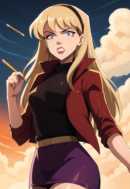 score_9, score_8, score_7, source_cartoon, gwen stacy, lips, makeup, upper body, cloud, pencil skirt, anime coloring, clenched teeth, evening, dusk