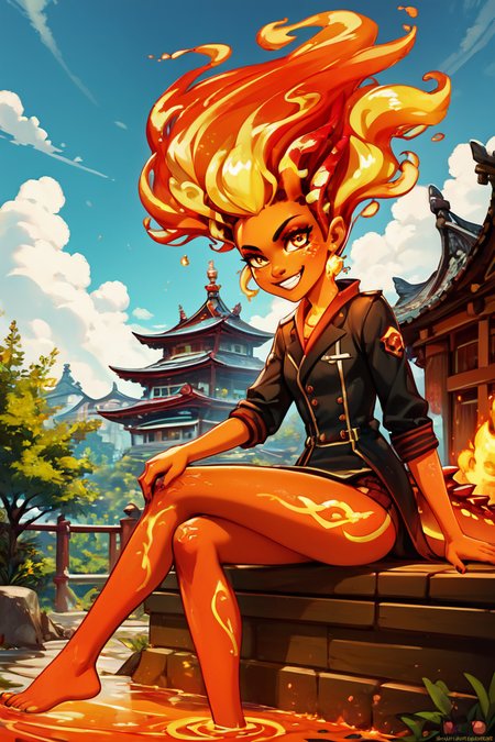 score_9, score_8_up, score_8,   BREAK, , zzLavaGirl, black scales, colored skin, monster girl, orange skin, fire, fiery hair, red skin, molten rock, red hair,  <lora:Lava_Girl_PDXL:1.0>,  , BREAK, sitting on bench, side view, smile, looking at viewer, cowboy shot,  ,,, BREAK, pnkBldng, sky, day, cloud, tree, blue sky, building, architecture, east asian architecture,  ,,, BREAK, embedding:zPDXL, Expressiveh,  ,,, <lora:PinkBuildingsPDXL_v2:0.6>, <lora:SDXLFaeTastic2400:0.5>, <lora:Expressive_H-000001:0.4>