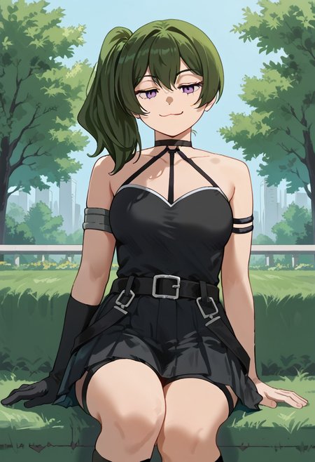 score_9, score_8_up, score_7_up, score_6_up, score_5_up, score_4_up, Ubel_(Sousou_no_Frieren), 
purple_eyes, green_hair, medium_hair, side_ponytail, medium_breasts
purple_eyes, green_hair, medium_hair, side_ponytail, medium_breasts, black_dress, pleated_dress, sleeveless_dress, halterneck, o-ring_choker, black_choker, arm_strap, armlet, thigh_strap, black_belt, belt_buckle, single_elbow_glove, black_gloves,
park, benach, (cat.1.8), cat on lap, smug, :3, cat smile,