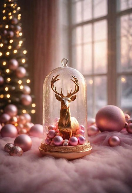 christmas tree, big pink bows, rose gold and purple balls, deer in glass, Golden hour,  Sony a7R IV camera, Meike 85mm F1.8 lens