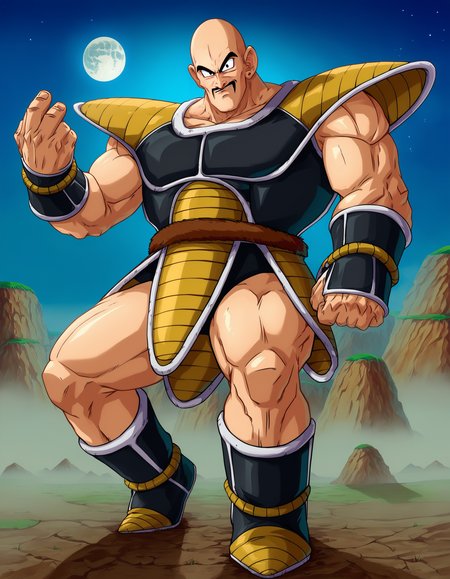 zPDXL2, source_anime,
nappaxl, solo,  1boy,  full body,looking at viewer,  bald, black eyes, mustache, 
boots,  gloves, saiyan armor, thighs, 
night,moon,star \(sky\), flowing, 
 <lora:nappaxl3:1>