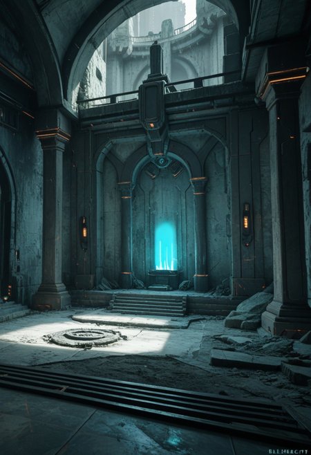score_9, score_8_up, score_8, 
cyberpunk, Albrecht, no humans, 
temple, scenery, ruins, 
glowing, cyberpunk lab, blue glow,