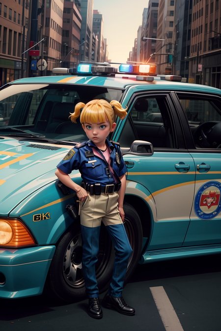(AS-YoungerV2:1.1), (yellow hair, blue eyes, twintails, blunt bangs), cop,  police uniform, police car, hands on belt, wall street, looking at viewer, angry, Jude Smith, Eddy Shinjuku, street, suburbia, outdoors, people, medium shot, (masterpiece) (best quality) (detailed) (8k) (cinematic lighting) (intricate), blush,<lora:Penny:0.8> <lora:more_details:0.5>