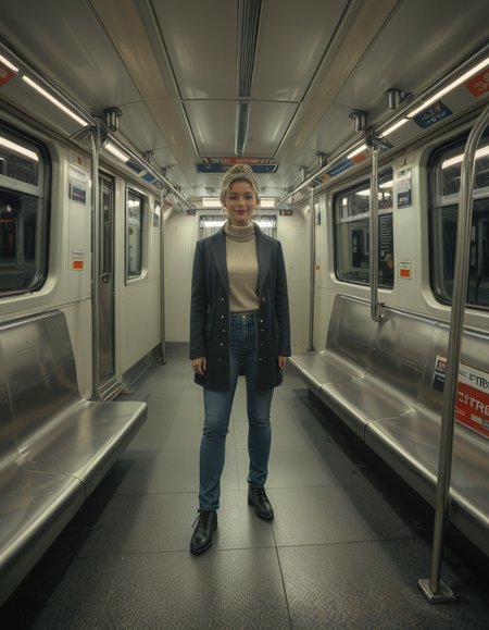 A modern subway train,Subw4y tr41n, in motion, with a single woman standing near the center of the train car, holding onto a shiny metal pole for balance as the train glides along the tracks. The woman is dressed casually yet stylishly, wearing a long black coat over a beige turtleneck sweater, paired with slim-fit jeans and ankle boots. Her hair is neatly tied back into a low bun, with a few loose strands framing her face. She has a thoughtful, calm expression, her gaze directed slightly downward as if lost in her own world. In her other hand, she holds a small tote bag, its strap looped over her wrist, with a paperback book peeking out from the top.
The subway car is clean but shows subtle signs of daily use. The walls are lined with muted gray panels, and the seats along the edges of the car are upholstered in a dark blue fabric, slightly faded from wear. Overhead, fluorescent lighting casts a bright, even glow across the interior, causing faint reflections on the polished floor, which is marked with the occasional scuff from commuters' shoes. Metal grab handles hang from above, gently swaying with the trainâs movement, and shiny steel poles are strategically placed throughout the car.
The windows on both sides reveal a blurry, motion-filled view of the dark subway tunnel, interspersed with flashes of graffiti-covered walls and dim utility lights. Above the windows, digital displays show the next stop in bright LED text, along with a route map that runs the length of the car. Small advertisements are mounted on the walls, showcasing everything from city events to product promotions, some with vibrant colors that add subtle contrast to the neutral tones of the train.
The atmosphere feels still and introspective, with the soft hum of the train and the occasional squeal of the wheels on the track. The train is sparsely occupied, with a few empty seats and subtle details like a forgotten coffee cup on one bench and a folded newspaper lying on the floor. The overall mood is quiet and reflective, capturing a moment of solitude and thoughtfulness during an ordinary subway ride.<lora:SDXLFaeTastic2400:0.4> <lora:extremely_detailed:0.4> extremely detailed, <lora:Subw4y_tr41n:1>, Masterpiece,best quality,hi res,8k,hi res,8k,award winning,(sharp focus, intricate, highly detailed),