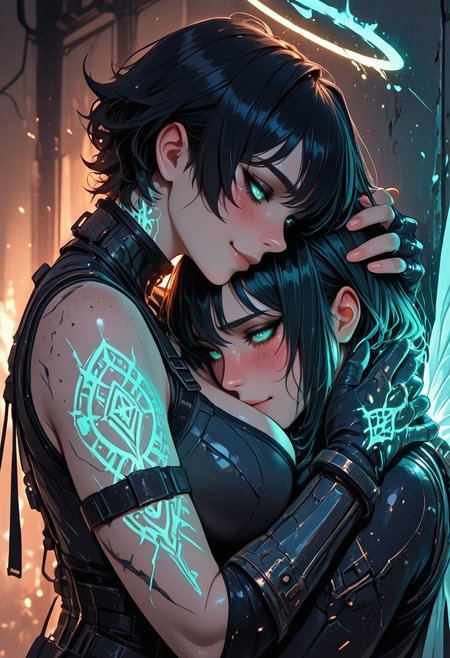 (masterpiece), (best quality), (8k), 2girls, angel and demon, intense stare-down, tension, glowing eyes, magical aura, emissive lighting effects, cinematic lighting, golden hour glow, divine vs infernal contrast, glowing halo above angel, broken burning halo above demon, floating sparks, glowing tattoos or markings, glowing feathers vs shadowy wings, ambient light particles, symmetrical composition, high detail, soft shadows and light contrast, dramatic environment, cleavage, large breasts, detailed armor, bodysuit, fishenets, sleeveless, armbands, flowing cloth, mystical energy in air, angel freckles, demon scars, 
Face details, happy, in love, blush, blushing, pushed against wall, hugging, head on chest, face on chest, nuzzle, nuzzling breasts, head between breasts, hand on head, hand behind head, smile,