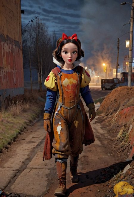Rusted, rusted landscape, an Disney princess Snow White,  wearing a Hazmat suit, walking on a side walk in a run down russian city, smoke, chem trails, extreme close-up, portrait, raw, masterpiece, extreme insanely realistic detailed and intricate, extreme realistic detail, doomer aesthetics, depressing feelings, night, vintage painting, painting, realism,