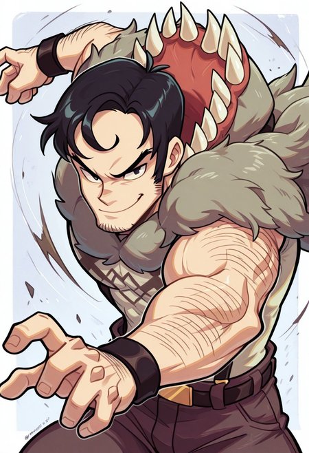 Dynamism, arwe, thick lines, Dynamic pose, dynamic view, dynamic angle, cartoon source, solo, male focus, 1boy, beowulf, male,Black eyes, Black hair, sideburns, facial hair, mucular body, wolf suit, Upper body, 
perfect anatomy, masterpiece, perfect quality, best quality, detailed, newest, very aesthetic