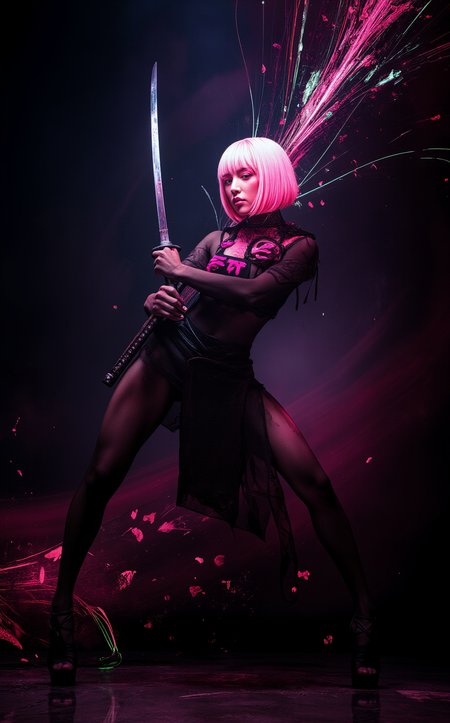A stunning woman with a sleek, pink bob haircut stands in a dynamic pose, mid-swing, as she wields an authentic katana with precision and grace. Her hair glows faintly under the neon light, and her eyes radiate an otherworldly energy, emitting a soft, smoky luminescence that trails behind her gaze like wisps of vapor. She wears a modern, cyberpunk-inspired outfit—a fitted black top with neon pink accents and a high-waisted, asymmetrical skirt that allows for fluid movement. Her expression is fierce and focused, her lips slightly parted as she channels her strength into the strike.

The katana in her hands is a masterpiece of traditional craftsmanship, its blade gleaming with a sharp, metallic edge. As she swings, neon pink and green streaks of light burst from the blade, creating a dazzling trail of energy that cuts through the darkness. The background is an abyss of pure black, punctuated by splashes of neon pink and green that resemble paint splatters and dynamic, glowing lines that curve and twist like calligraphy in motion. The air is thick with a faint haze, adding depth and mystery to the scene.

Her pose is powerful and deliberate, one foot planted firmly on the ground while the other lifts slightly, her body twisted to maximize the force of her strike. The neon light from her katana and eyes illuminates her figure, casting dramatic shadows and highlighting her elegant yet deadly form. The atmosphere is a perfect blend of traditional Japanese aesthetics and futuristic neon-punk, with the woman at its center as a symbol of beauty, strength, and precision. The scene captures the intensity of the moment, frozen in time, as she delivers a strike that is both artful and devastating.
