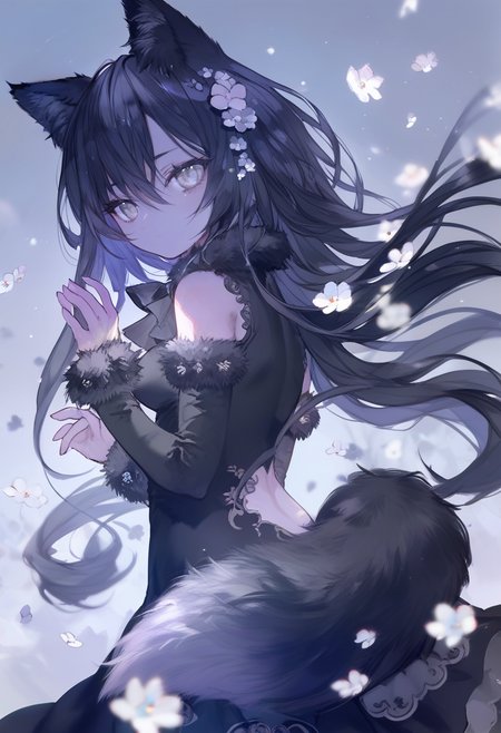 score_9, score_8_up, score_7_up, score_6_up, <lora:oninekoXL_TPN55_lokr_V43P1:0.95>   1girl, animal ears, solo, long hair, flower, dress, detached sleeves, black dress, looking at viewer, tail, black hair, fur-trimmed sleeves, fur trim, grey eyes, bare shoulders, wolf ears, long sleeves, white flower, closed mouth, animal ear fluff, breasts, hair between eyes, hair ornament, very long hair, black sleeves, clothing cutout, wolf tail, hand up, looking back