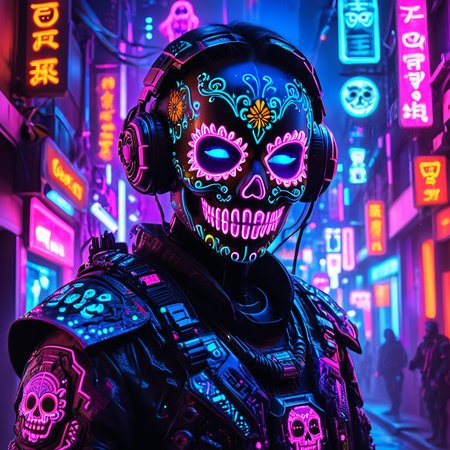 masterpiece,high resolution
1 figure, solo, cyberpunk Day of the Dead theme, wearing a glowing neon sugar skull face mask, intricate glowing patterns in vibrant colors like neon pink, blue, and orange. The figureâs eyes are illuminated with bright purple light, and the outfit features high-tech armor with neon circuitry running through it. Set in a dark, futuristic city during a festival, neon lights and glowing decorations fill the background, creating a vibrant, eerie atmosphere. Halloween and cyberpunk aesthetics blend together with glowing technology and traditional elements
, <lora:halloween_x_cyberpunk-xl-9:0.6>