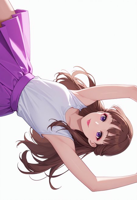 Smooth Quality,masterpiece,very intricate, high quality details, ultra realistic, high detailed skin,detailed enviorement,absurdres,
partially undressed, 
 <lora:Lishu_CNR:0.8> lishu_cnr,brown hair, long hair, purple eyes, makeup, lipstick,, simple background, white background, sideways,
jumping, arms raised, legs bent, happy face, energetic posture,  ,color drain,, t-shirt, ,sleeveless shirt, ,panel skirt,  ,