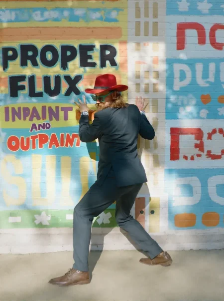 HD high quality image of a man from behind on a wall, with floating text printed on the image in fun neon colors reading "Proper Flux (Inpaint and Outpaint":1.5)
🖌️ [Inpainted with Loras]: <lora:flux\Textimprover-FLUX-V0.4.safetensors:1.0:1.0>