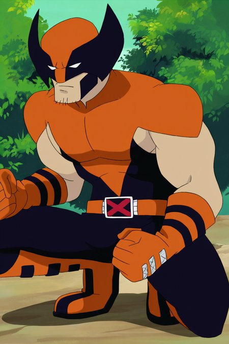 masterpiece, best quality, highres, newest, wolvevo, 1boy, solo, male focus, mature male, facial hair, stubble, bodysuit, orange bodysuit, black bodysuit, two-tone bodysuit, short sleeves, orange gloves, mask, covered eyes, white eyes, no pupils, belt, muscular, clenched hands, looking at viewer, squatting, full body, outdoors, nature, bush <lora:Wolverine (Logan) X-Men Evolution (First Suit+Logan) v1.1 [LoRA] - NoobAI-XL EPS 1.0:0.8>