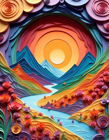 Paper quilling, layered paper scenery of abstract shapes, rainbow colors, flowing, lucid dream. <lora:Paper_Quilling_And_Layered_Paper_Style:1>