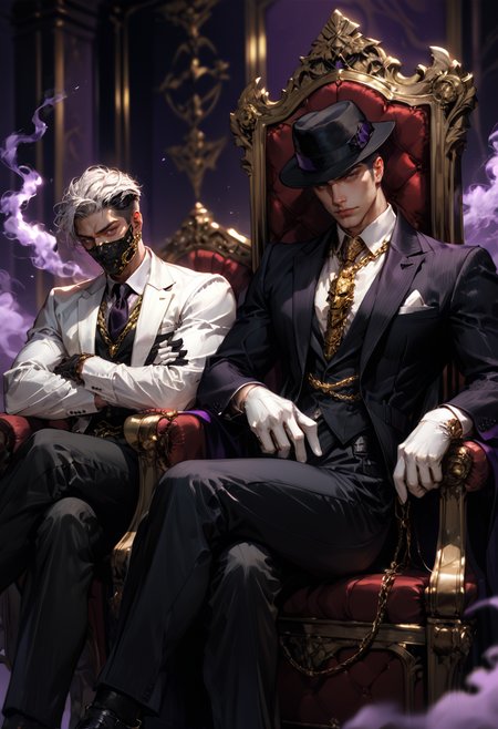 (score_9, score_8_up), score_7_up, 2boys, manly, tsurime, looking at viewer, serious, purple background, gold and purple theme, hand on hip, chains, fedora, white hair, muscular male, black hair, crew cut, arms crossed, hair slick back, short hair, sitting, standing, leg spread, throne, purple smoke, white gloves, necktie, black gloves, suit, gold chains, jewelry, white shirt, black vest, black pants, coat, gold mask, mouth mask, realistic, blurry background, depth of field, DOF, chaos, realistic, <lora:Mafia_Outfit:0.5>