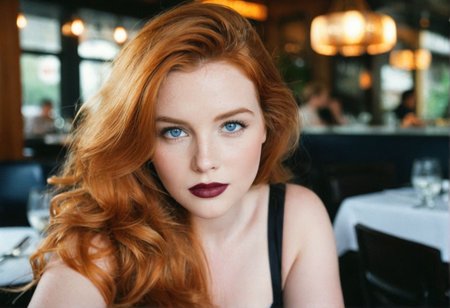 ((CinematicPortrait analog photo)) ginger woman indoors, lipstick, blue eyes, glossy dark lipstick, (restaurant), ((soft focus, depth of field, film grain, looking at viewer)) <lora:CinematicPortraitXL_v3:0.6>