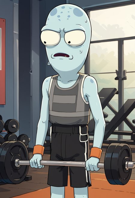 score_9, score_8_up, score_8,   <lora:Yumyulack_Solar_Opposites_for_PonyXL:0.8> 1boy, alien, yumyul4ck, male focus, blue skin, gym, shorts, tank top, lifting weights, sweatband,  solo, young