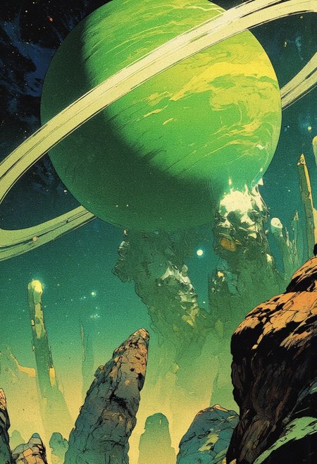 A surreal cosmic scene featuring a massive ringed planet dominating a fragmented, rocky landscape, rendered in a highly stylized digital painting. The foreground consists of jagged, floating rock fragments in muted grays and blues, their rough textures highlighted by a subtle inner glow or crystalline veins. The tilted perspective enhances the sense of scale, drawing the viewer upward toward the looming planet. The mid-ground is defined by the colossal planet, painted in vibrant greens and yellows with swirling gaseous patterns. Its bright, well-defined rings arc across the sky, adding grandeur and depth. Smaller celestial bodies, possibly moons or asteroids, orbit nearby, reinforcing the cosmic vastness. The background extends into deep space, filled with scattered stars and hints of a faint nebula, enhancing the dreamlike setting. Soft, ethereal lighting emanates from the planet and glowing rock elements, casting subtle highlights and deep shadows. The color palette blends vibrant greens, yellows, and blues with muted grays and the darkness of space, creating a striking contrast. Visible yet blended brushstrokes lend a painterly, atmospheric quality. The combination of the immense planet, floating rocks, and infinite star field evokes mystery, wonder, and the untouched beauty of the universe,  anime, cyberpunk