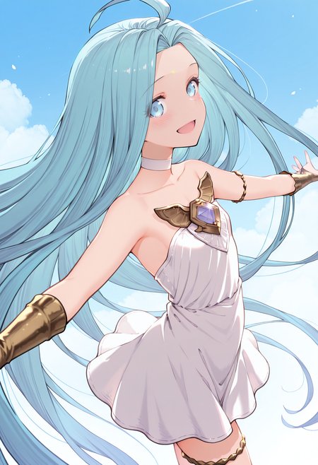 highres, best quality, masterpiece, blue sky, floating hair,
1girl, solo, lyria \(granblue fantasy\), 
white dress, strapless, choker, collarbone, jewelry, bridal gauntlets, thighlet,
looking at viewer, blush, smile, open mouth, 
standing, spread arms, from side,
 <lora:_onib-sty-elesico-ilxl-40:1>
