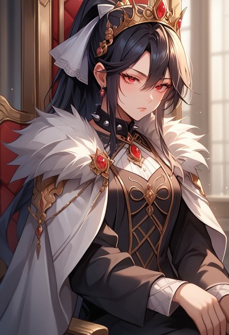 score_9, score_8_up, score_7_up, score_6_up, score_5_up, score_4_up, detailed, intricate details, source_anime, , (best quality) , (highly detailed) ,((masterpiece)), ((best quality)), (ultra-detailed), ((extremely detailed)), (high resolution), 4K, (8K), best quality, (beautiful), (dynamic lighting), (super detailed skin), sharp focus, (1_girl, solo focus), score_9,score_8_up,score_7_up,anime coloring BREAK source_anime,anime, theresia (hortensia saga),  long hair, hair between eyes, black hair, red eyes, sidelocks,  , ponytail, hair ribbon, Crown, veil, spiked collar, black dress, sitting, bored, indoors, throne, royal throne,
 detailed eyes、detailed face and detailed skin <lora:add-detail-xl:1.0>