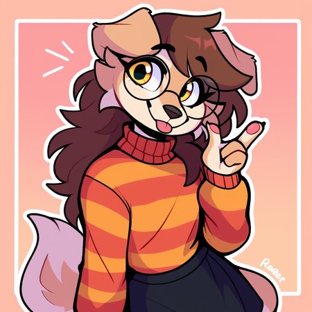score_9_up, score_8_up, score_7_up, score_6_up, by remanedur, half-length portrait, brown hair, round glasses, furry female, dog, female, furry, floppy ears,  yellow eyes, looking at viewer, solo, smile, happy, gesture, blep, tongue, three-quarter view, head tilt, sweater, orange striped sweater, black skirt, black socks, thigh socks, tail, simple background, white outline, <lora:Leah_Pines(AIM)_XL_v1:0.25> <lora:PDXL_artist_tags_v2_big:0.5> <lora:The-Minuscule-Task_PDXL_v1.0:0.6>  <lora:Buttercup_Jayrnski:0.35>