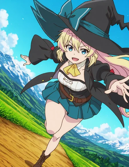Azusa Aizawa  (slime 300nen),anime coloring,blue eyes,blonde hair,very long hair,low-tied long hair,scrunchie,bangs,french braid,witch hat,black headwear,blue hat bow,black dress,juliet sleeves,long wide sleeves,red bow,yellow ascot,strapless white dress,belt,blue skirt,brown footwear,explicit,1girl,
(dynamic pose,dynamic angle,foreshortening,pov,close to viewer:2),
looking at viewer,
smile,
medium breasts,
mildly perky breasts,shapely breasts,soft breasts,smooth curvature, visible cleavage, realistic breasts shape,balanced proportions,realistic proportions,natural breasts,natural looking breasts,hair between eyes,slim,curvy,(narrow waist:0.1),(wide hips:0.7),thick thighs,perfect anatomy,natural body,shapely body, smooth curves, defined waistline, soft shadows,elegant posture,detailed body,skindentation,matte skin,smooth skin,deep skin,soft brightness,skin shading,matte lighting,detailed mouth,kawaii,moe face,(bold),strong outlines,clean lineart,harsh lines,
(anime screencap,anime coloring,anime screenshot),anime style, Japanese anime, cel-shading, clean lineart, vibrant colors, sharp facial features, 2D illustration, anime screencap style,anime background scenery,detailed linework,intricate details,(masterpiece,best quality,amazing quality,16k,newest,very aesthetic,absurdres),highres,vibrant irises,ultra-detailed,perfect hands,five fingers,detailed hands,fantasy landscape, vast grasslands, highland, rolling hills, glowing flowers, magical atmosphere, soft sunlight, distant mountains, fantasy sky, ethereal clouds, lush greenery, dreamlike scenery, vibrant nature, detailed environment,
 <lora:ã¹ã©ã¤ã åãã¦300å¹´ç¥ããªããã¡ã«ã¬ãã«MAXã«ãªã£ã¦ã¾ããã¢ãºãµã¢ã¤ã¶ã¯illustriousslime_taoshite_300nen_shiranai_uchi_ni_Level_MAX_ni_nattemashitaAzusa_Aizawaillustrious:0.8>