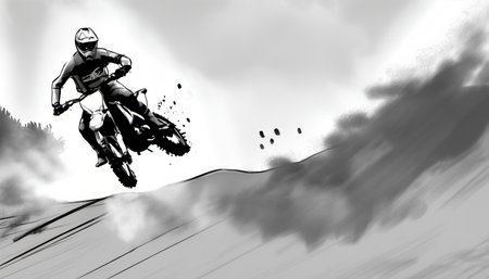 storyboard sketch of Motocross rider clearing a series of jumps, dirt clods flying from the tires.  <lora:storyboard sketch:0.8>