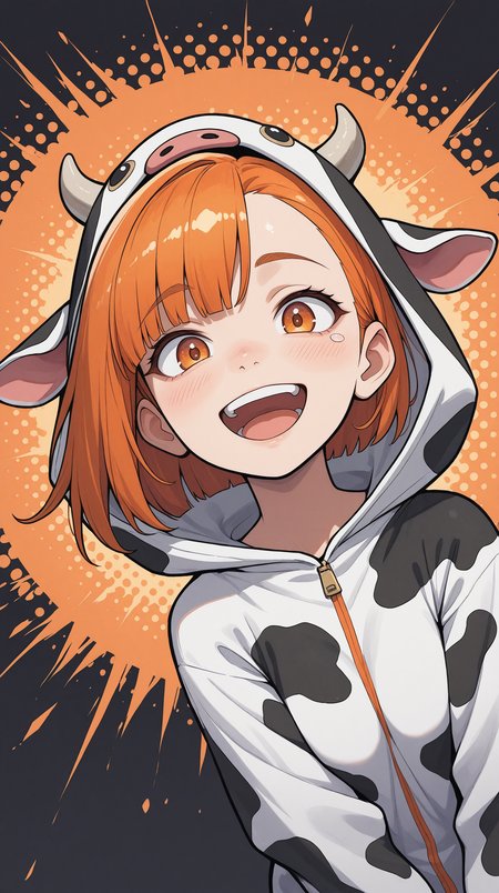 masterpiece,best quality,amazing quality,very aesthetic,absurdres,newest,detailed eyes, Secondary Colors, orange accent,
1girl, cow-costume, asymmetrical bangs, bangs fall into eye, 
upper body view, dynamic angle, flying, laughing, looking at viewer, 
black background, halftone background,