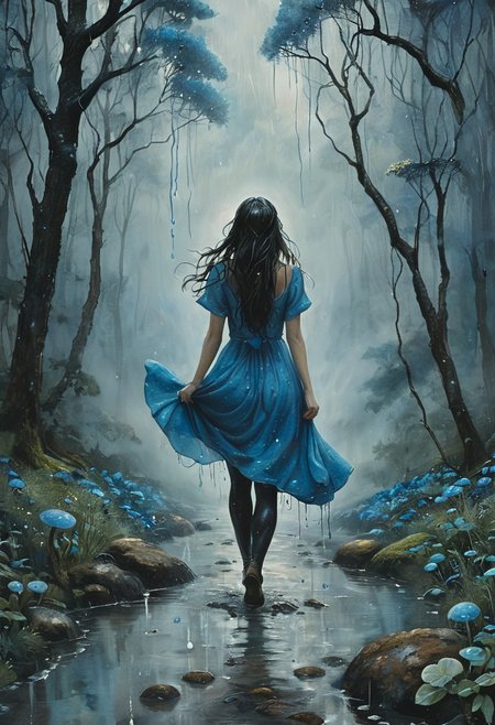 (water-colored), illustration, style of Jessica Galbreth,
(far view, far shot, rear view, facing away:1.3),
(Alice, woman walking on a trail, very long dark brown hair,  hair rim lighting, hair in the wind, blue maid dress with short sleeves, black tights:1.2), 
fog, dreamy, dream,
(raining, rain drops, water dripping, heavy rain:1.8)
dark forest, flowers, mushrooms