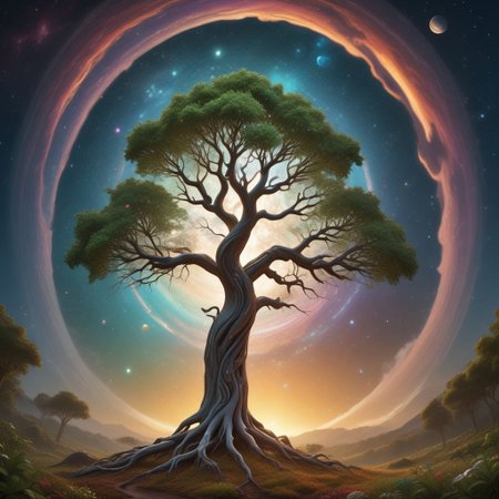 white huge tree grows from the black hole in the center of galaxy, fluorescent leaves, white glowing bark, alien colorful planets grow on branches of the tree, life energy flows through the roots of the tree, space, cosmic scenery, clouds of cosmic dust around, black background, hyperrealistic, photorealistic, atmospheric scene, depth of field, 8k quality, extreme detailed, colorful, award-winning masterpiece, abstract beauty