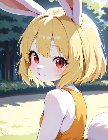 masterpiece, best quality, very aesthetic, absurdres,
outdoors,
upper body, 
smile, parted lips, long eyelashes, 
<lora:Carrot_v01_NAIXL:1>
Ca3307,1girl,solo,furry,furry female,rabbit girl,short hair,blonde hair,rabbit ears,red eyes,animal nose,body fur,white fur,rabbit tail,