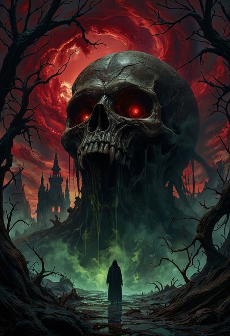 horror show, monster, nightmare, fear, 
A haunting surreal horror scene featuring a massive, ominous skull partially submerged in fog, with hollow eyes emitting a faint, ghostly glow. Dark, twisted trees frame the skull, with gnarled branches clawing towards a decaying, eerie mansion in the background. Blood-red clouds swirl above, casting shadows on the cracked ground, while a mysterious cloaked figure stands in the foreground, surrounded by thick mist. The color palette combines deep crimsons, shadowy blacks, and hints of spectral greens